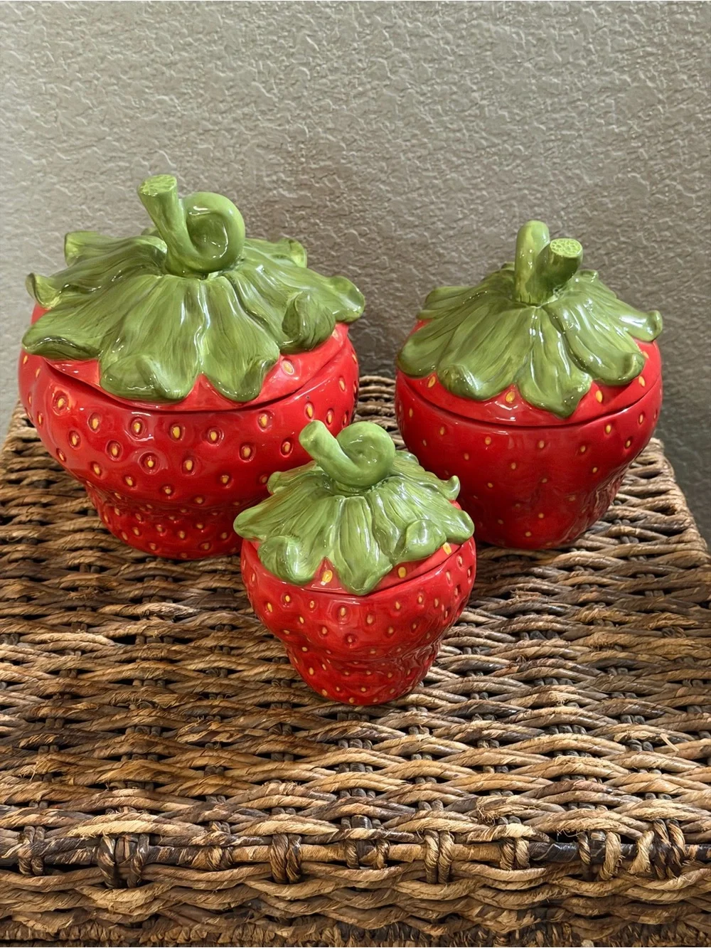 Set of 3 Ceramic Strawberry Canisters Jars with Lids Red Green Kitchen Decor